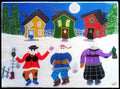 3 people dressed as Mummers outside 3 houses ready for mummering