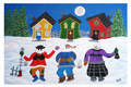 Three animated characters in winter clothing standing in front of colorful houses with a snowy landscape.