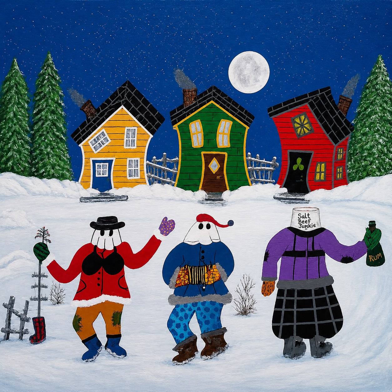 Three animated characters (mummers)  in winter clothing standing in front of colorful houses with a snowy landscape and moon in the background.