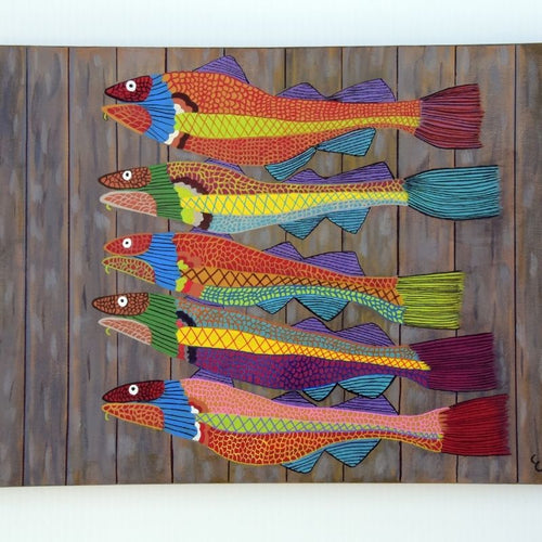 Codfish painted in bright colors from a painting of a friend's catch of the day but with my colorful whimsical style