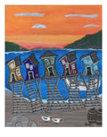 Crooked Stages at Sunset reproductions, limited edition.  Crooked stages of New Perlican, NL are depicted along with the harbour. 