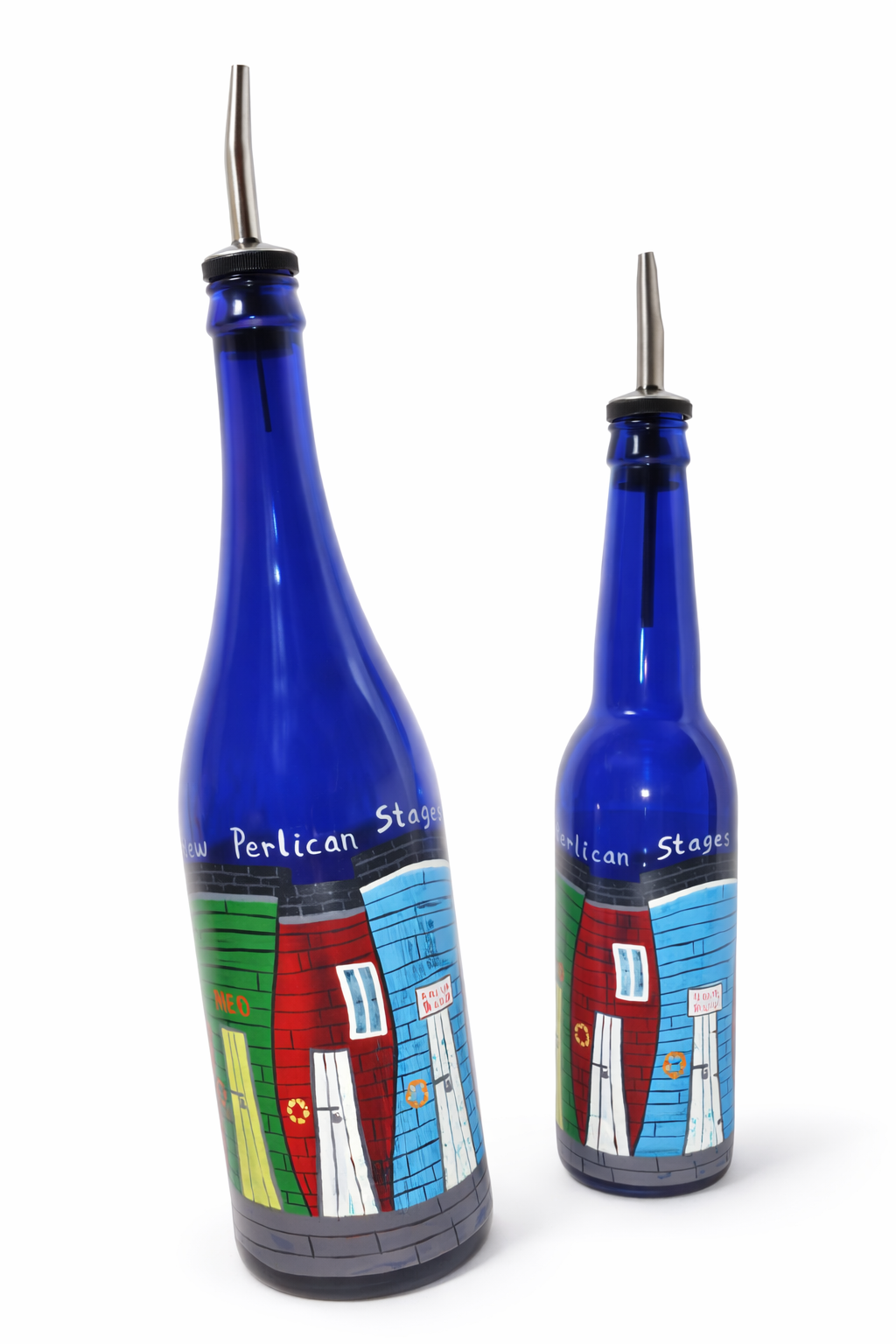 Glass bottle with hand painted Newfoundland fishing stages of New Perlican