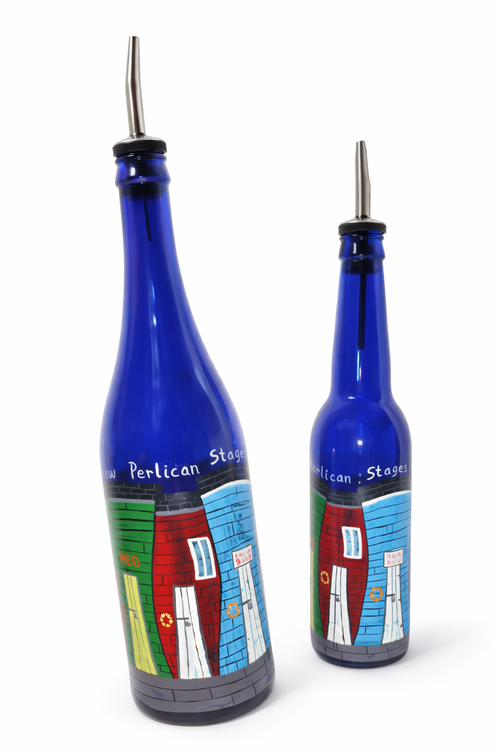 Glass bottle with hand painted Newfoundland fishing stages of New Perlican