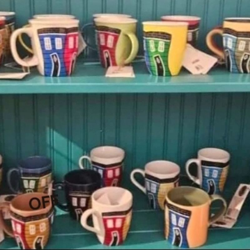 Mug with hand painted Jully Bean Rowhouse design, as seen in various areas of downtown St. John's, NL