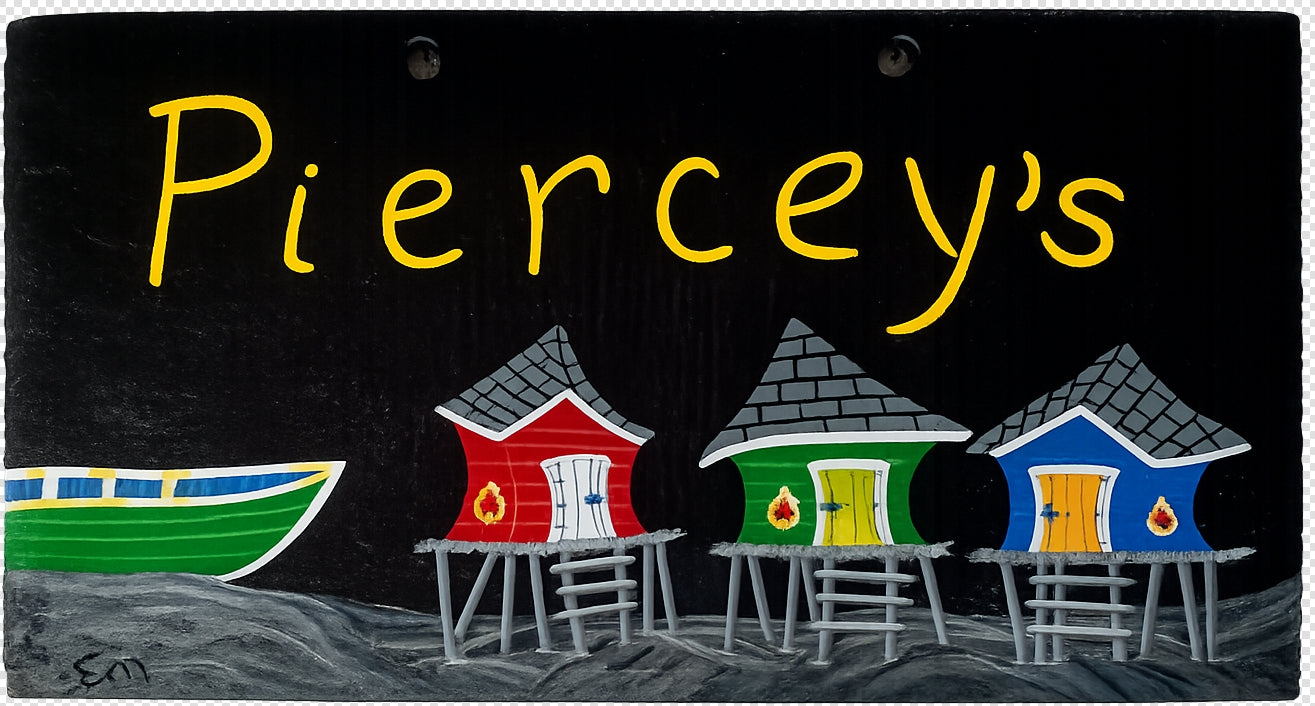Hand Painted Slate with 3 of my whimsical Crooked Stages (fishing stages) on a beach and your name on the top with black background.
