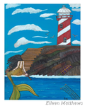 A mermaid sits below a lighthouse combing her haid and guarding a treasure.