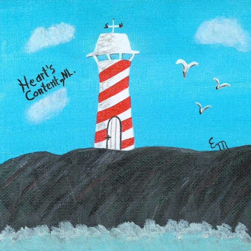Red and white striped lighthouse on a blue background with 'Heart's Content' branding.