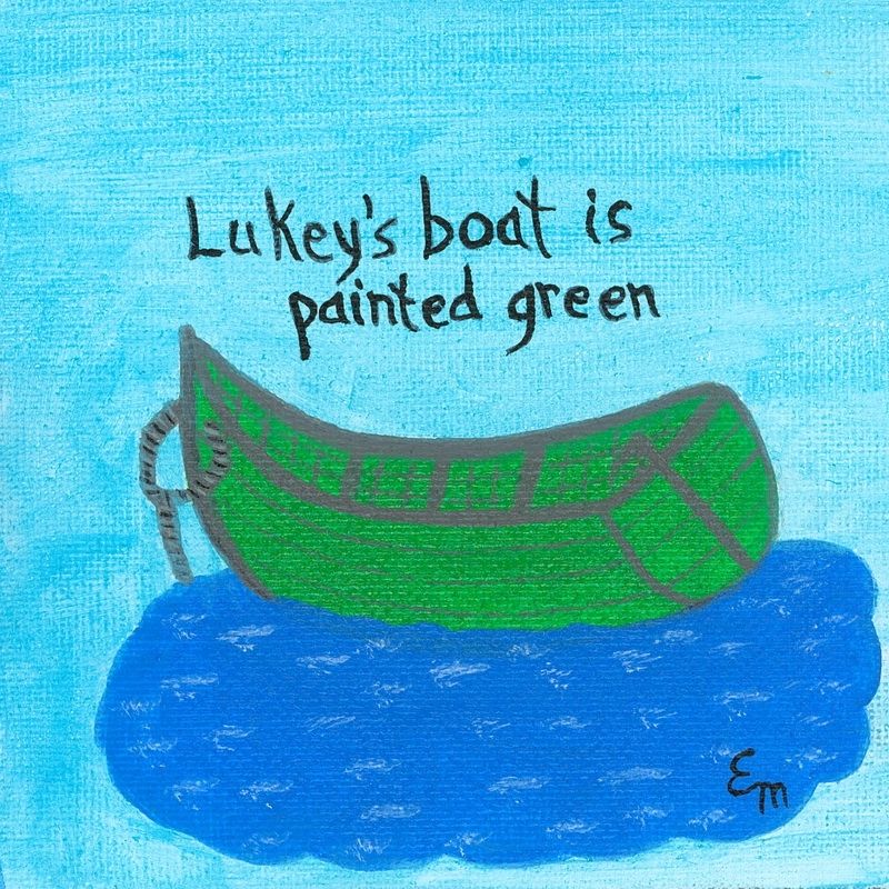 Green boat on blue water with text 'Lukey's boat is painted green' on a textured blue background