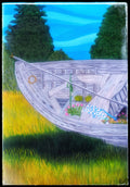 Painting of an old fishing boat resting in a garden. 