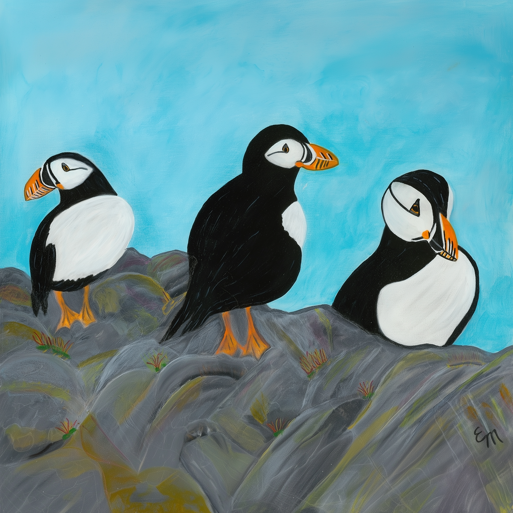Three puffins on a rocky outcrop with a blue sky background. Puffins are the official bird of Newfoundland.