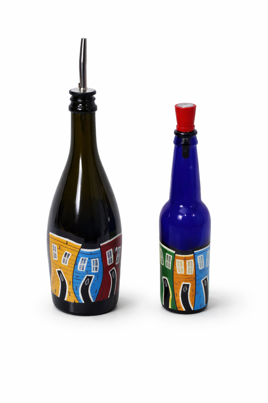 Two decorative bottles with  Newfoundland Jelly Bean Row Houses colorful designs on wine bottles and beer bottles, Upcycled