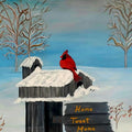 Winter scene with a cardinal sitting on a post and fence with Home Sweet Home on it.