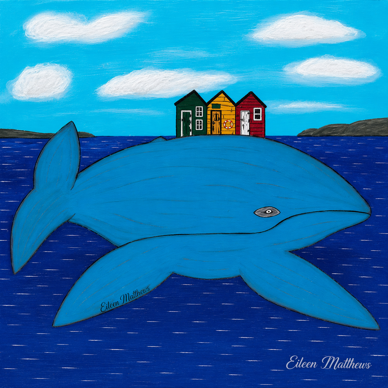 A whale underwater with 3 fishing stages on its back