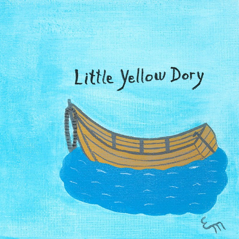 Illustration of a yellow boat on blue water with 'Little Yellow Dory' text.