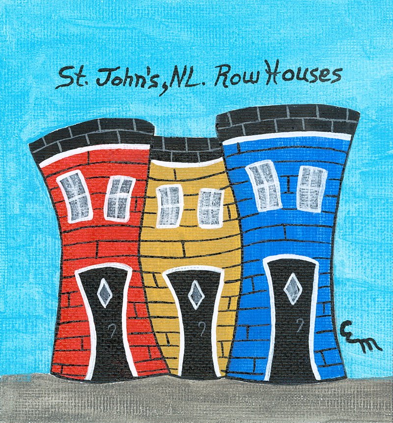 Colorful illustration of three row houses with a blue sky background, labeled 'St. John's, NL'.